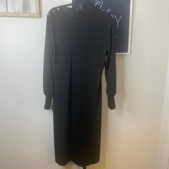 ZARA Womens Dress Size Large Black Long Sleeves Bird Leaf Button Details - Picture 1 of 6